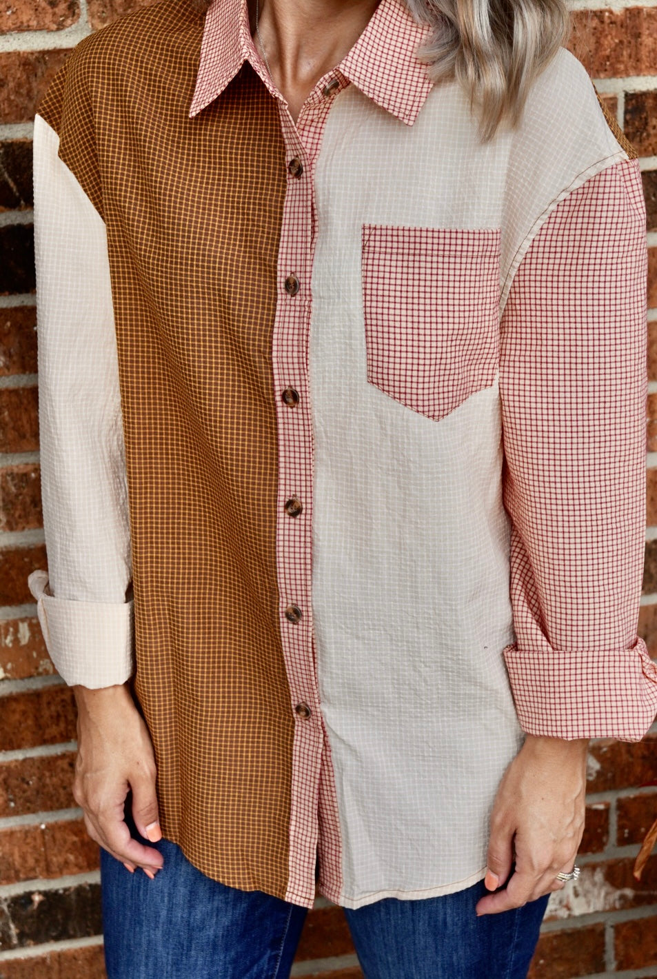 Shift Button Color Block Long Sleeve Women Shirt
