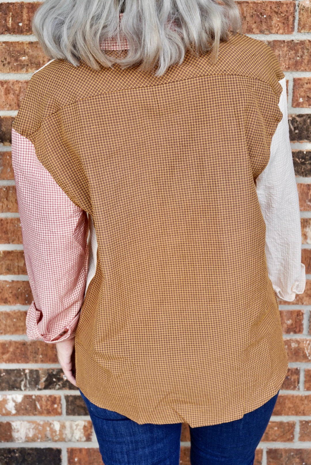 Shift Button Color Block Long Sleeve Women Shirt