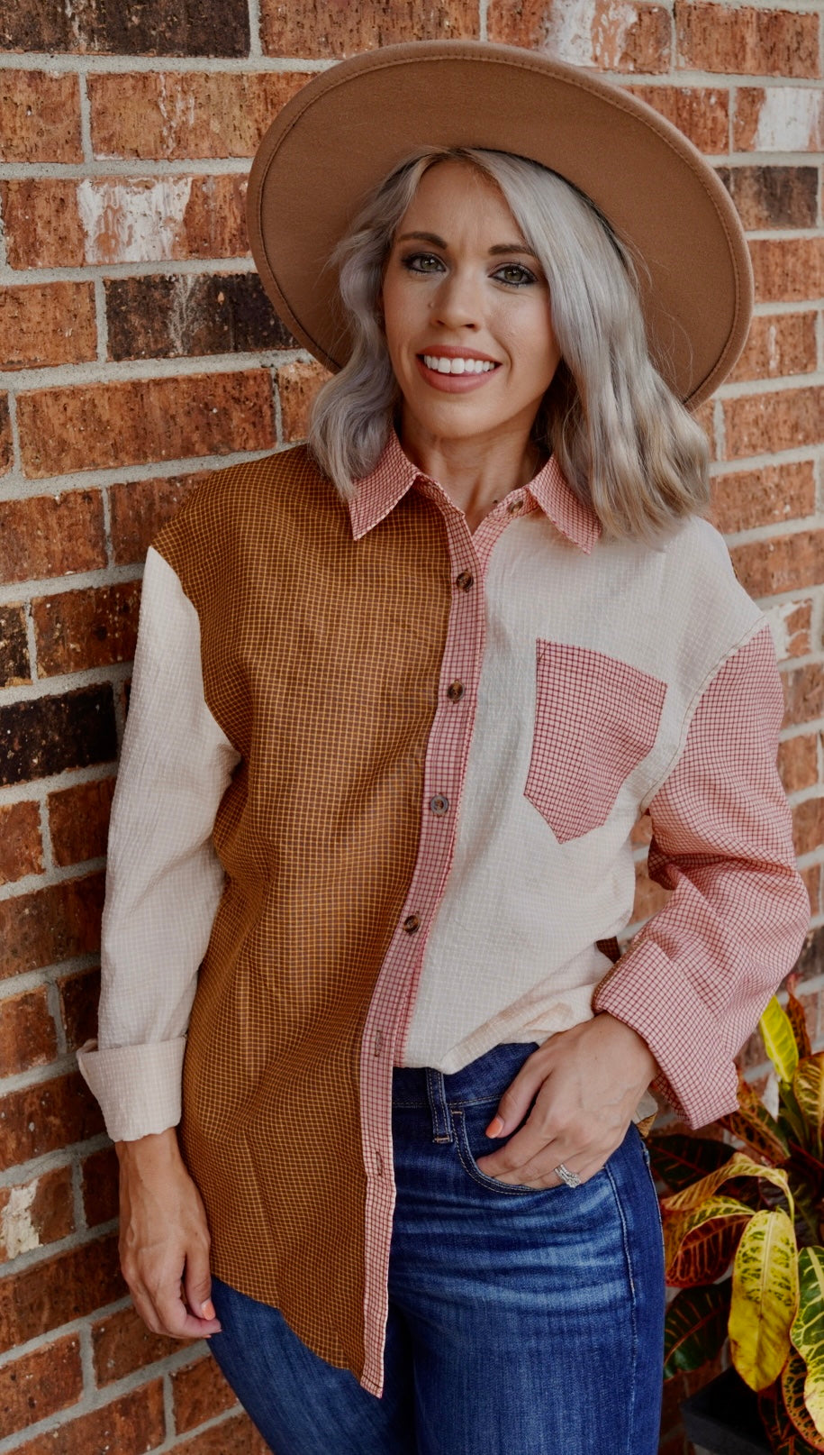 Shift Button Color Block Long Sleeve Women Shirt