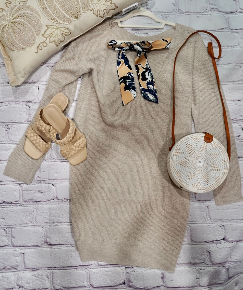 Boat Neck Back Bow Tie Sweater Dress