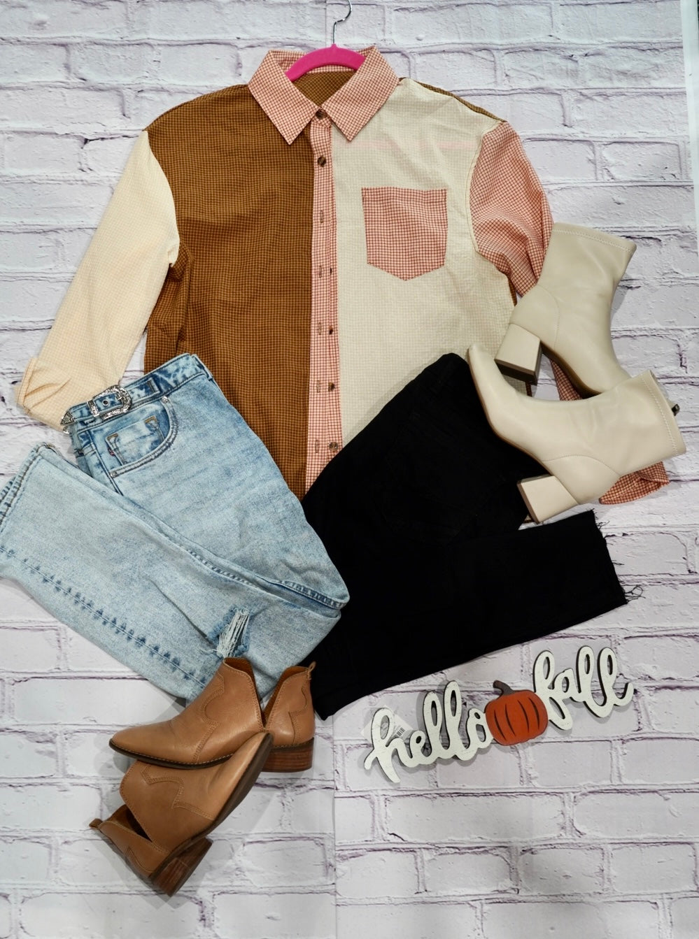 Shift Button Color Block Long Sleeve Women Shirt