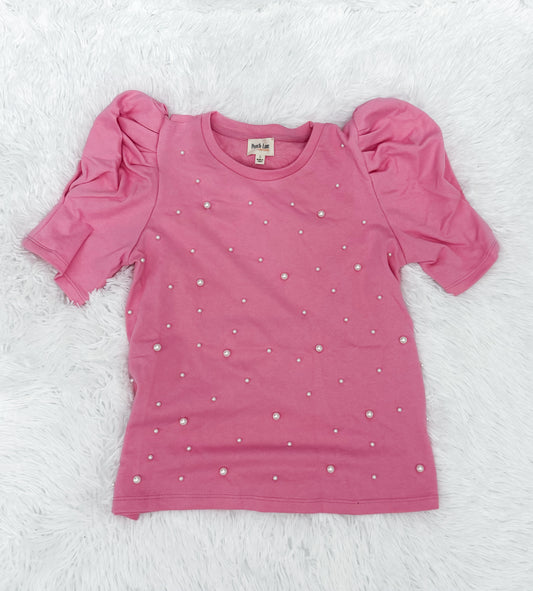 Pink puff sleeve pearl top