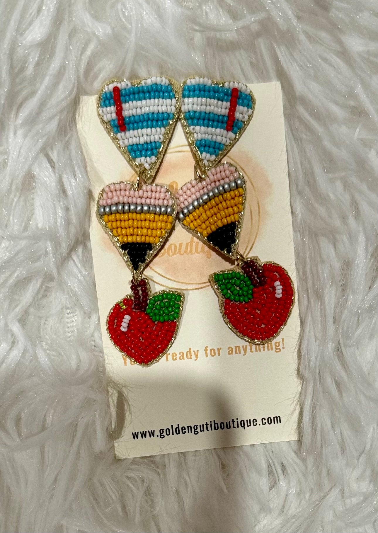 Paper, pencil, and apple beaded teacher earrings