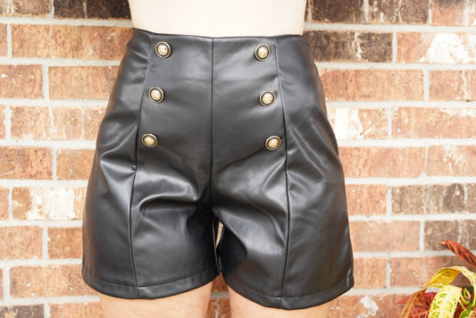 Military Pu High Waist Shorts With Gold Buttons