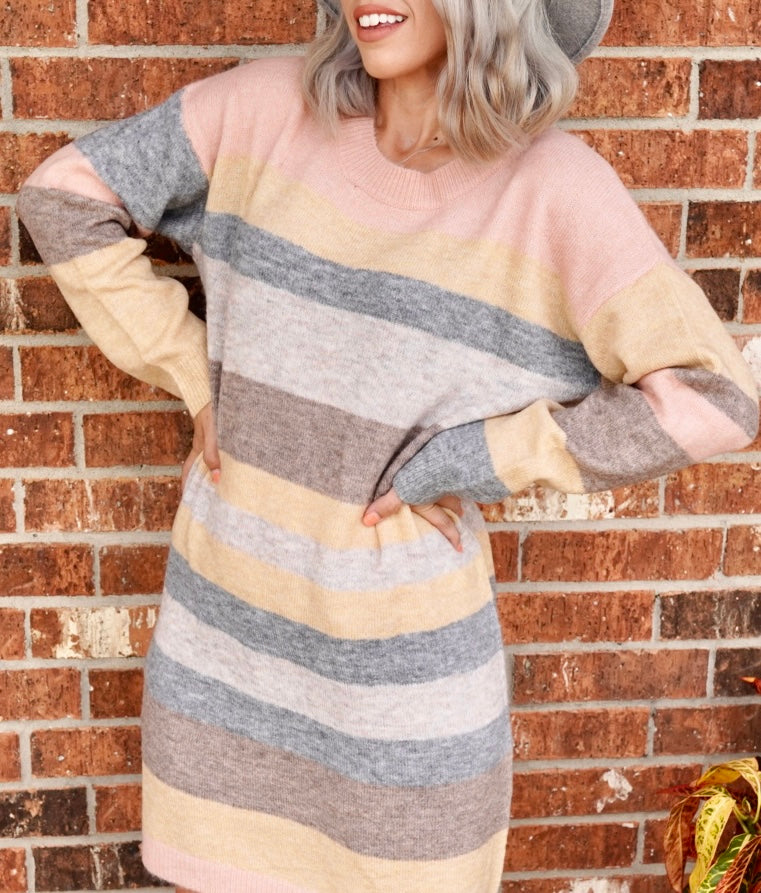 pastel sweater dress Pastel Dream! 60s Vintage Stripe Sweater Dress - Long Sleeve Mod Mini Dress
