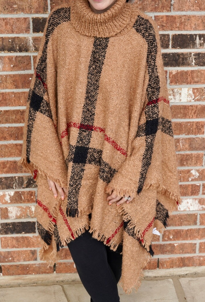 Knit Plaid Turtle Neck Poncho Sweater