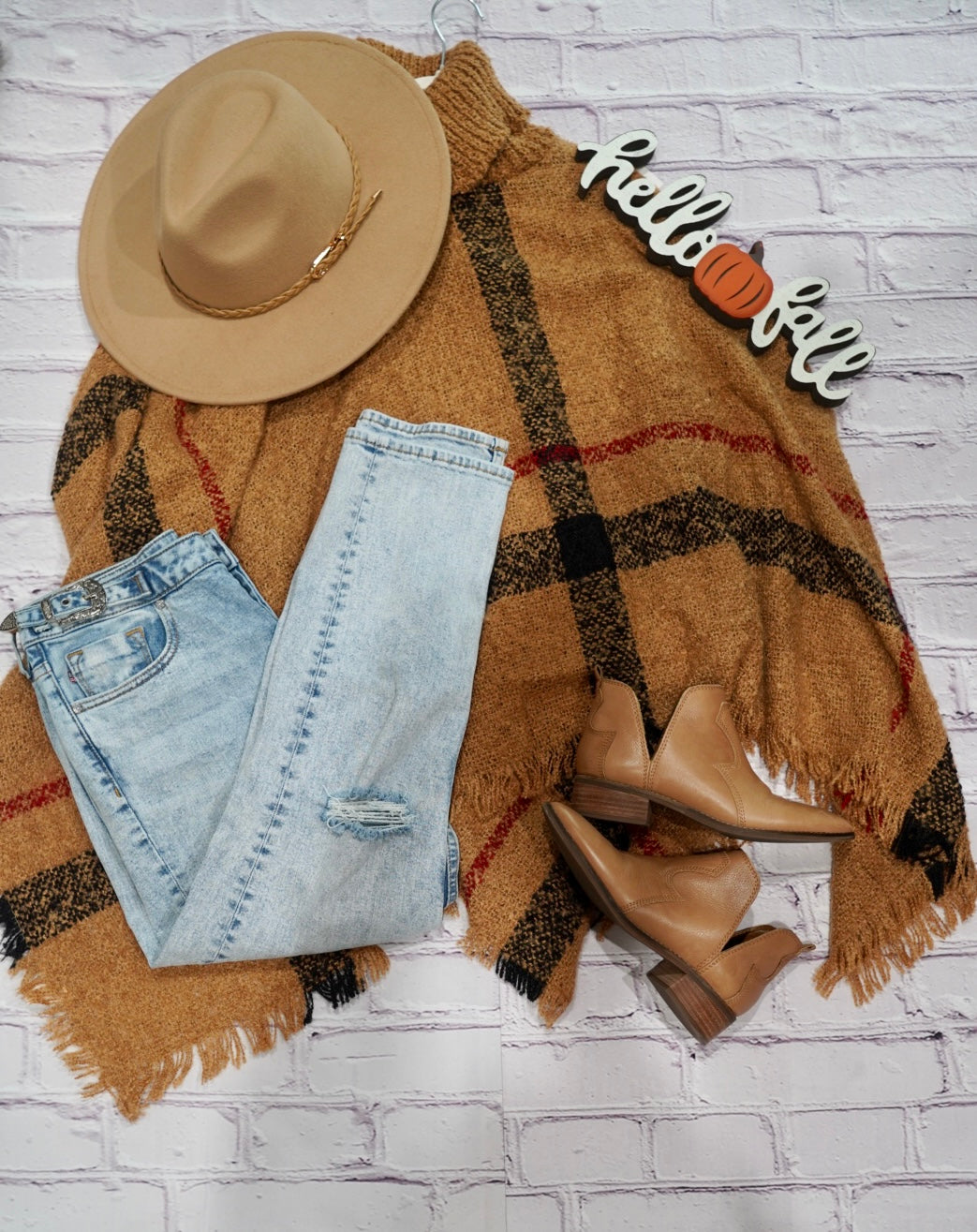 Knit Plaid Turtle Neck Poncho Sweater